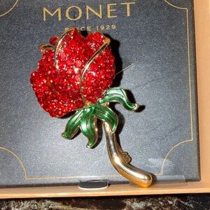Monet Ruby Red Floral Brooch with Gold and Green Accents